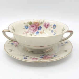 H&C Selb Bavaria Vintage Footed Cream Soup Bowl & Saucer 12955 Pink Blue Flower